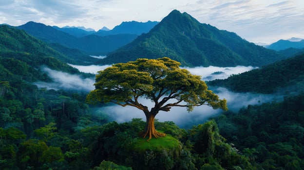 Majestic Tree on Hilltop Overlooking Misty Mountain Landscape Breathtaking Nature Scene photo