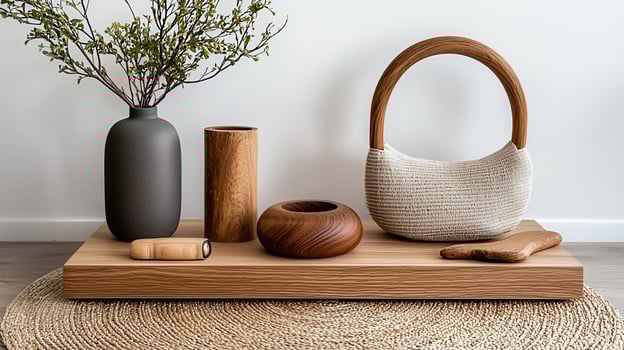 Stylish Wooden Home Decor Accessories on Wooden Tray Neutral Colors Modern Minimalist Design photo