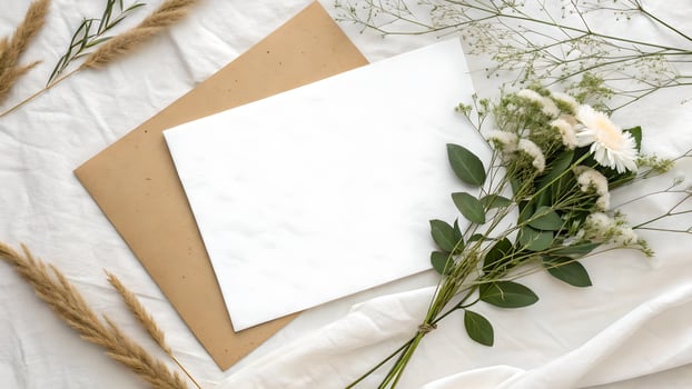 Blank white and brown envelopes with delicate flowers and greenery on a soft white fabric background, perfect for wedding invitations or elegant stationery designs. photo
