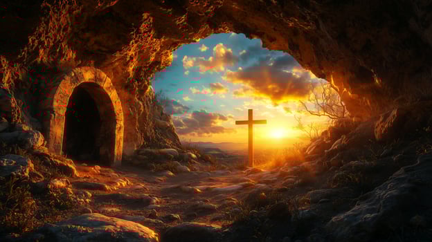 Ancient empty tomb with an arched entrance at sunrise, symbolizing the resurrection of Jesus Christ photo