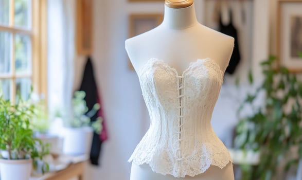 Elegant white lace corset displayed on a mannequin in a studio. photo