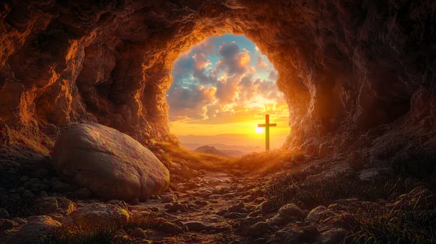 Glowing cave entrance with an empty tomb and a wooden cross at dawn, Easter resurrection scene photo