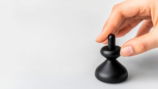 Hand Placing Black Chess Piece on Gray Surface photo