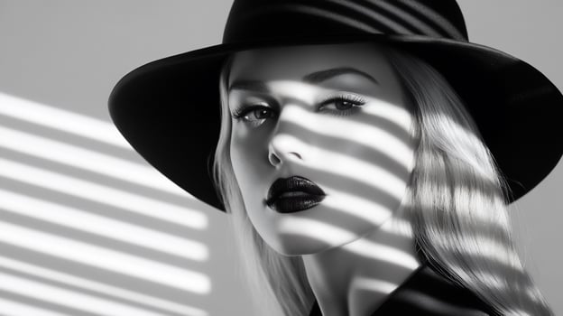A monochrome portrait of a woman with dramatic lighting and shadows. photo