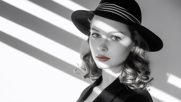 A monochrome portrait of a woman in a hat with dramatic lighting. photo
