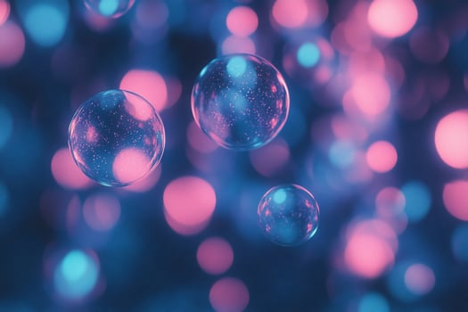 Colorful bubbles floating amidst vibrant, blurred lights. photo