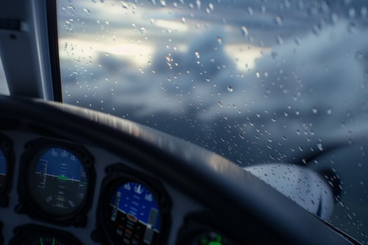 Jet cockpit view reveals storm clouds with raindrops on glass and glowing dashboard instruments during flight photo