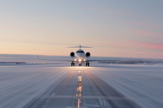 Frost-dusted jet on a snow-blanketed runway with amber lamp lighting photo