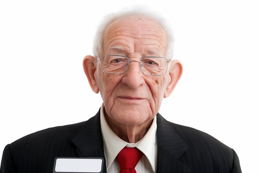 Elderly hotel chain owner with name tag posing in formal attire against white background photo