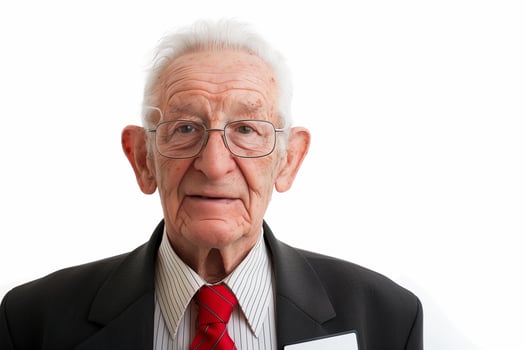Elderly hotel chain owner with name tag poses against white background photo
