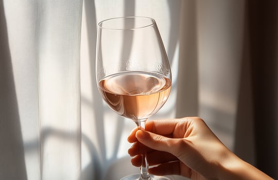 Close-up of a woman's hand holding rose wine glass by a window with soft curtain shadows photo