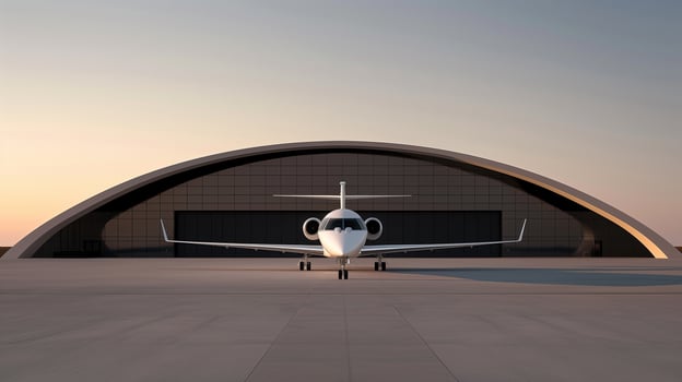 Jet positioned in front of sleek minimalist hangars under the warm glow of sunset photo
