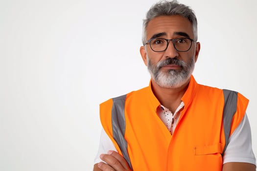 Middle-aged Arab male supply chain manager wearing a vest on a white background demonstrating professionalism photo