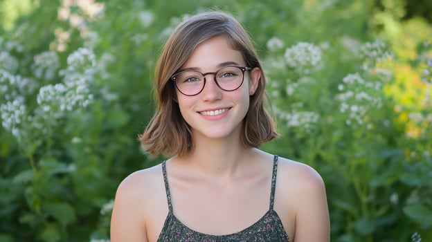 A smiling young woman in a floral setting. photo