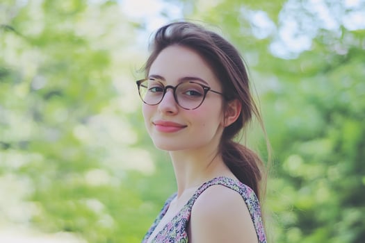 A young woman with glasses smiles in a lush green outdoor setting. photo