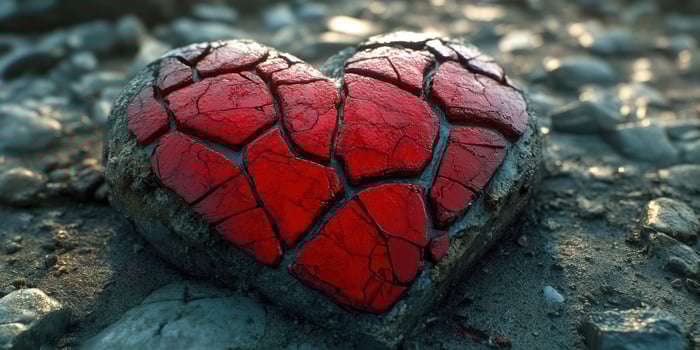 Cracked red heart sculpture resting on a textured stone surface during the golden hour light photo