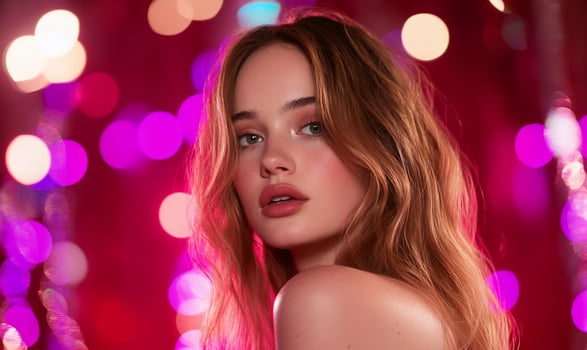 A beautiful woman with long hair and a pink background photo