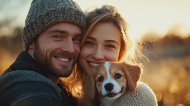 Young Couple Embracing with Their Puppy in Hyper-Detailed Friendship photo
