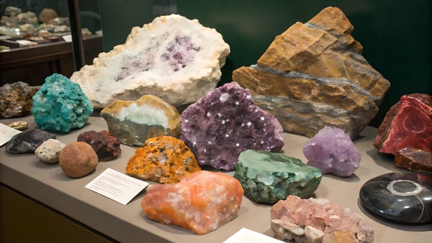 Colorful Gemstones Displayed in Museum Showcase for Educational Purposes and Mineralogy Enthusiasts photo