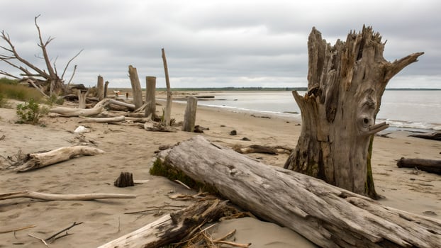 Driftwood on sandy beach with ocean waves and cloudy sky, perfect for nature enthusiasts seeking serene coastal landscapes photo