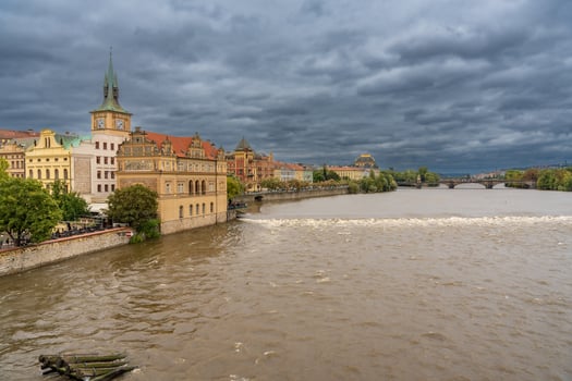 Flood in Prague. View of Charles Bridge over the flooding river Vltava, Prague. High quality photo