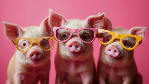 Colorful glasses on pigs. Three cute pigs wearing pink and yellow glasses pose playfully against a bright pink backdrop. photo