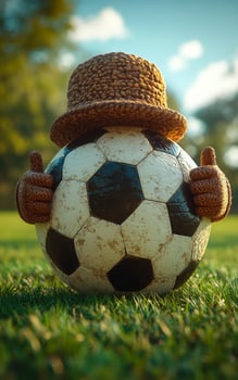 Knit figure with soccer ball outside. A whimsical knitted figure is hugging a soccer ball and giving a thumbs up, set in a grassy area during daytime. photo
