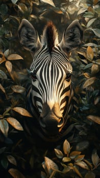 Zebra emerging from dense foliage in a serene natural habitat at dusk photo