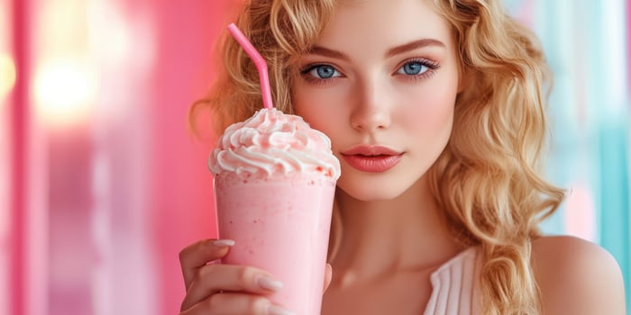 Young woman enjoying a pink milkshake in a colorful setting with bright light during daytime photo