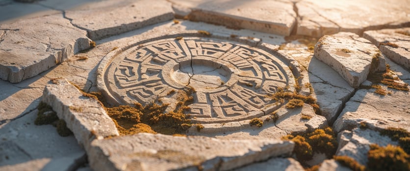 Weathered Stone with Ancient Carved Symbols in Sunlight. photo