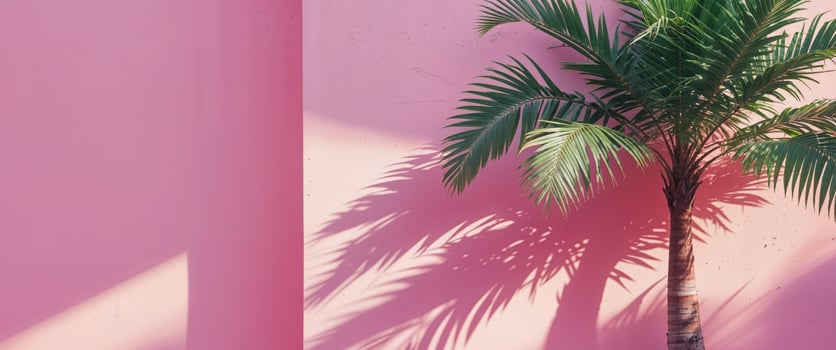 Pink wall with a green leafy palm tree on it. photo