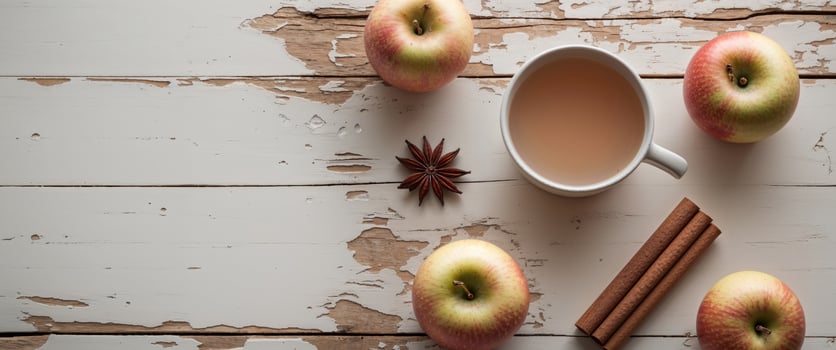 Apple cider with cinnamon anise and fresh apples on rustic wooden background with space photo