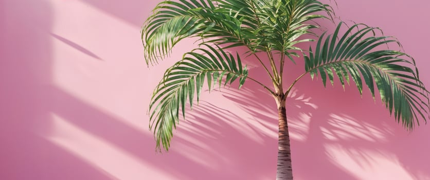 Pink wall with a green leafy palm tree on it photo