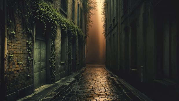 A narrow alleyway with a brick building on the left. photo