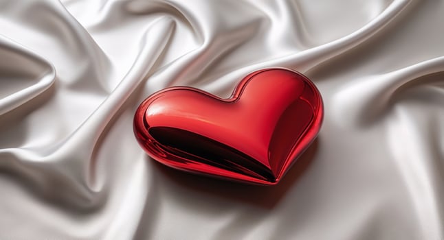 Glossy Red Heart Shaped Decorations on Silk Background photo
