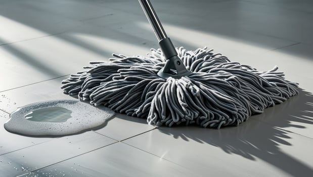 microfiber mop wiping puddle of water on laminate floor. photo