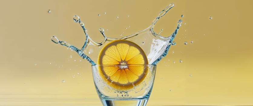 A slice of lemon is being splashed into a glass photo