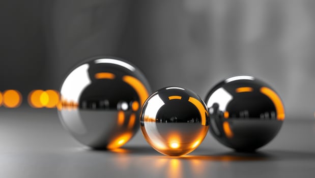 Polished spheres reflect amber lights in a blurry background photo