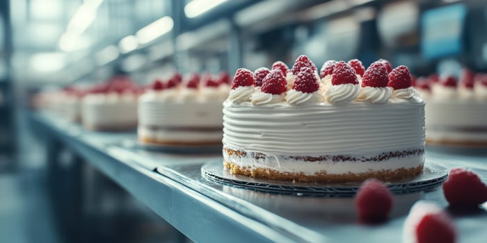 Delicious raspberry cakes being prepared in a bustling bakery during the afternoon photo