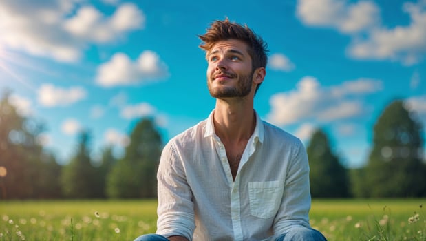 Young man enjoys a sunny day outdoors while sitting on grass with a blue sky in the background photo