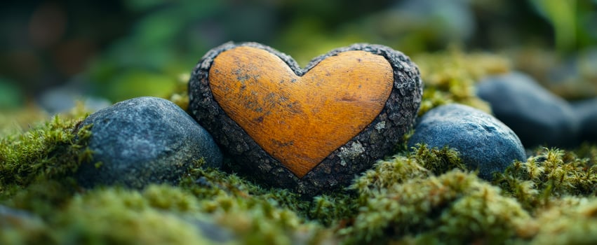 Heart-shaped stone on mossy ground. A heart-shaped stone rests among smooth pebbles and lush green moss in a tranquil outdoor setting. photo