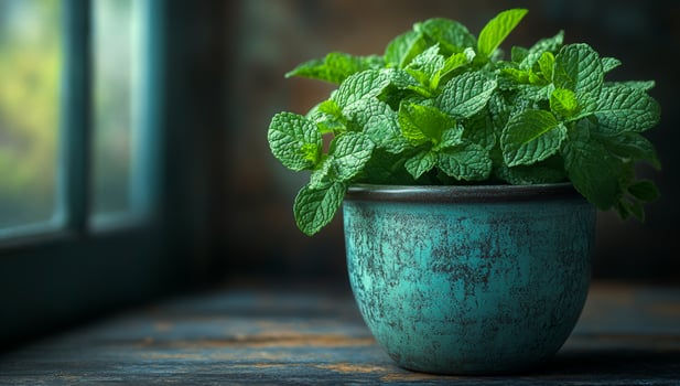 Mint plant in turquoise pot. A vibrant mint plant sits in a turquoise pot, placed near a window with soft light illuminating its leaves. photo