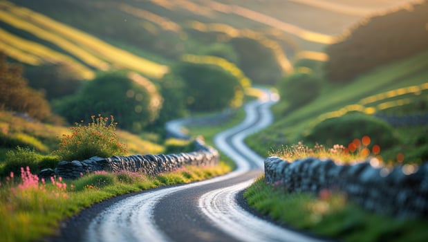 Winding country road meanders through lush green fields on a sunny afternoon in the countryside photo