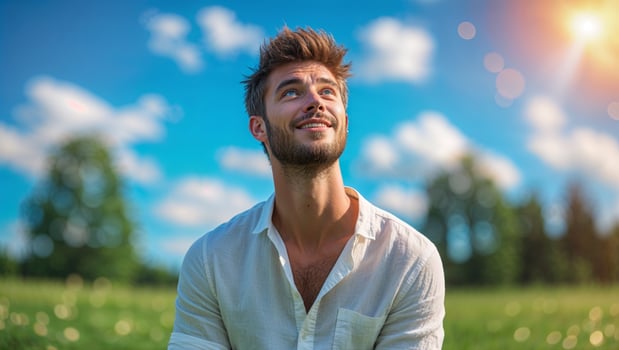Young man enjoying a sunny day outdoors while gazing upwards at a clear blue sky filled with fluffy clouds photo