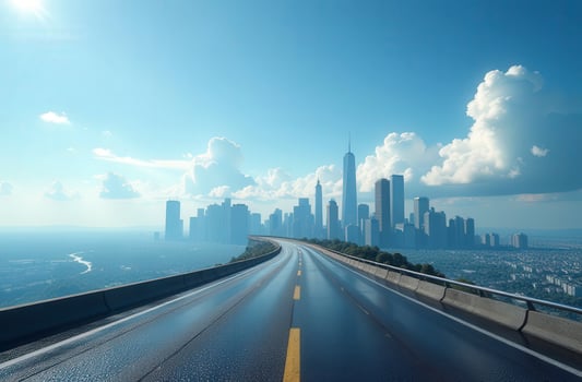 Highway leading to new york city skyline under blue sky after rain photo
