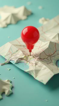 Red push pin marking location on folded paper map photo