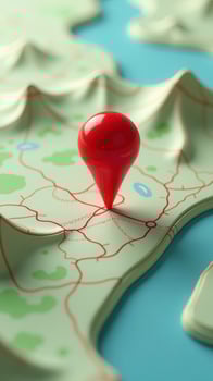 Red location pin pointing destination on three-dimensional map photo