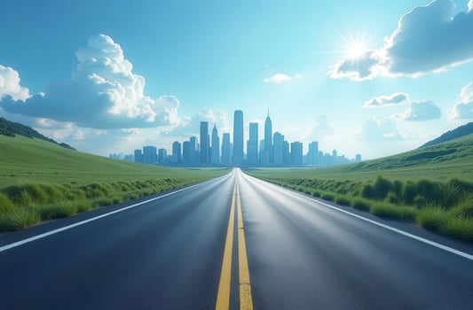 Highway leading to modern city skyline under sunny sky photo