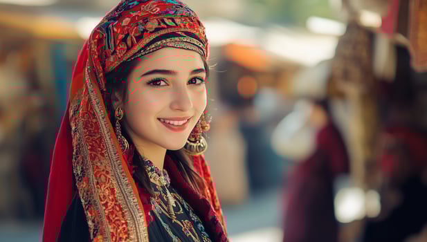 A smiling young woman in traditional attire at a vibrant market. photo