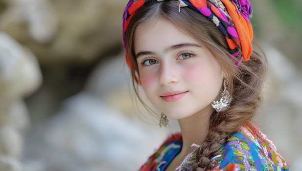 A young girl in traditional clothing with a colorful headband photo